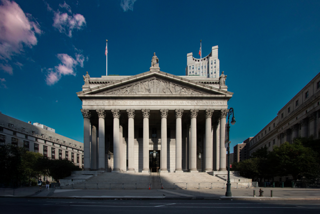 Front view of the Supreme Court building in New York City with blue skies 2