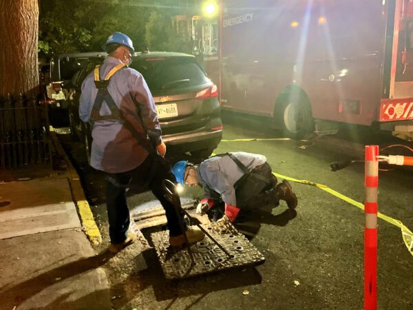 A Con Edison team went to work Saturday night on Middagh Street. Photo: Mary Frost/Brooklyn Eagle