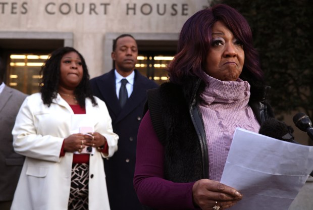 Ruby Freeman and her daughter Shaye Moss speak outside of the E. Barrett Prettyman U.S. District Courthouse on December 15, 2023 in Washington, DC.