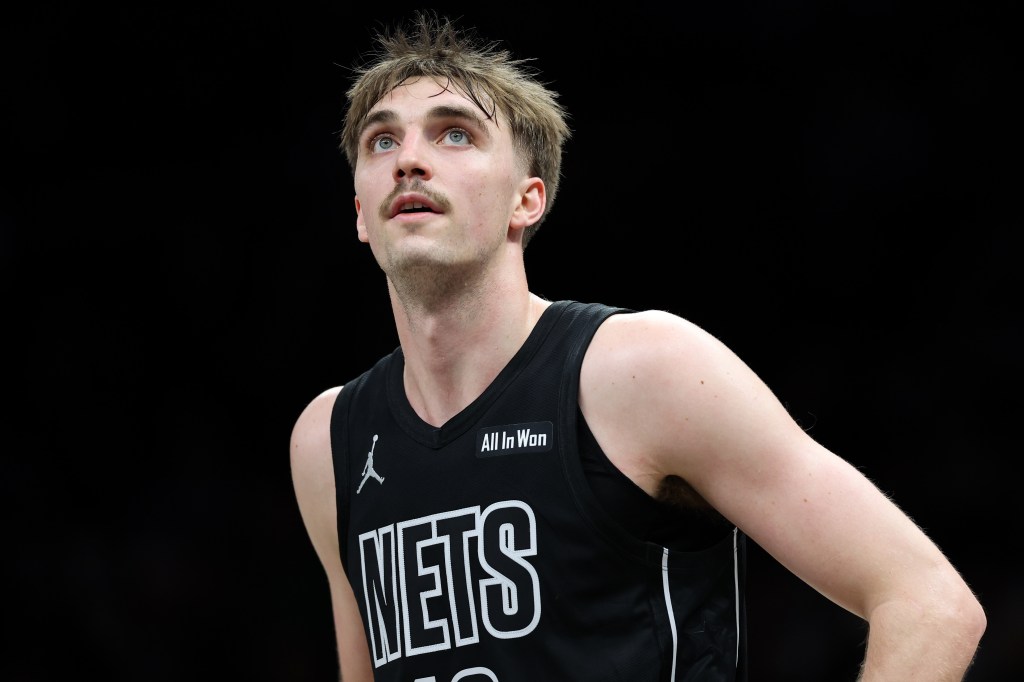 Grant Nelson looks on during the second half against the Cleveland Cavaliers at Barclays Center on March 1, 2026 in Brooklyn. 
