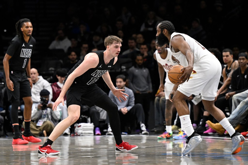 Grant Nelson guards James Harden of the Cleveland Cavaliers. 
