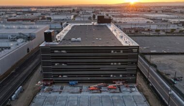 An aerial view of a 49.5 megawatt three-level data center under construction on April 14, 2026 in Vernon, California. (Photo by Mario Tama/Getty Images)