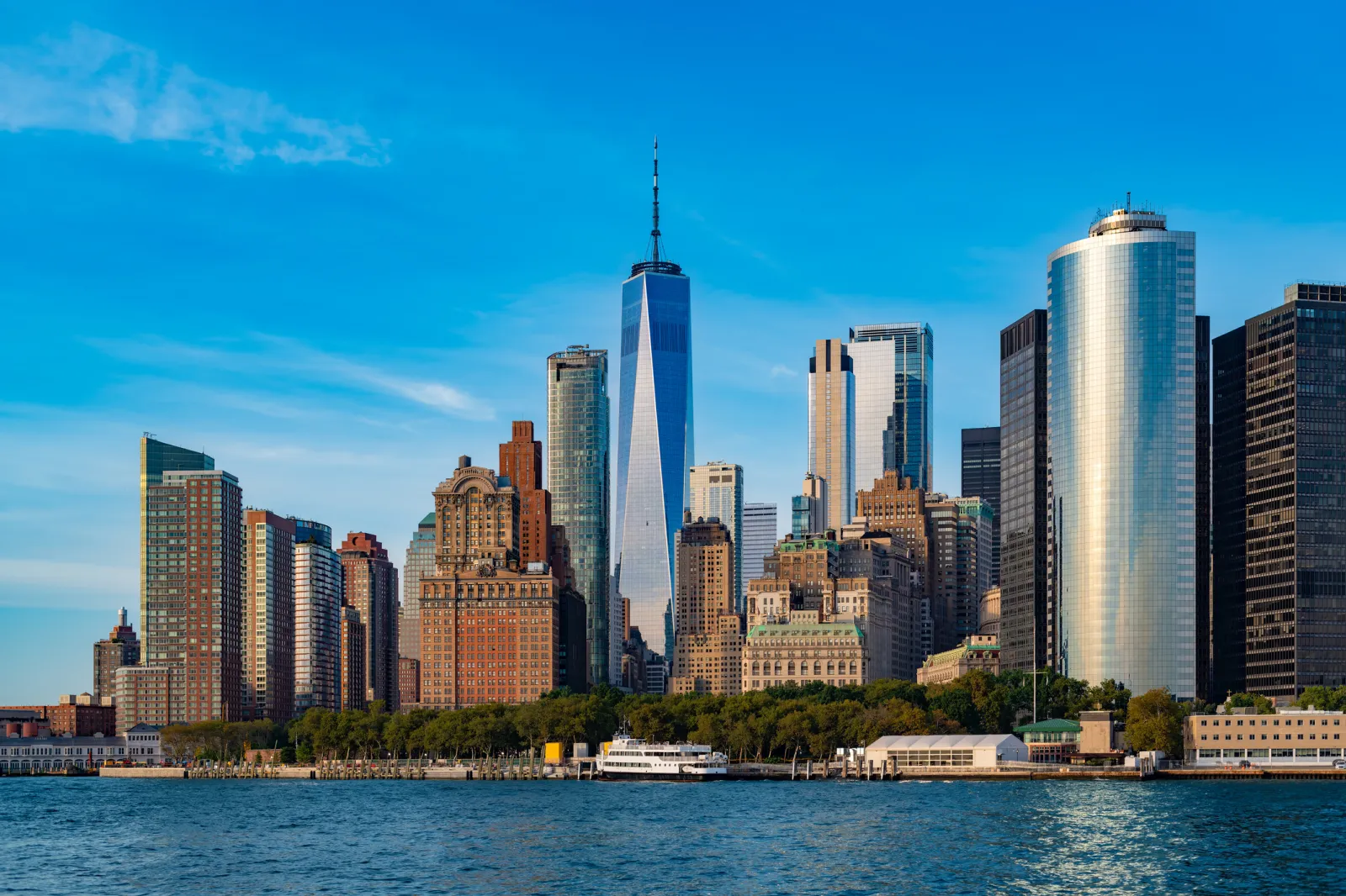 A waterfront view of Lower Manhattan from Battery Park.