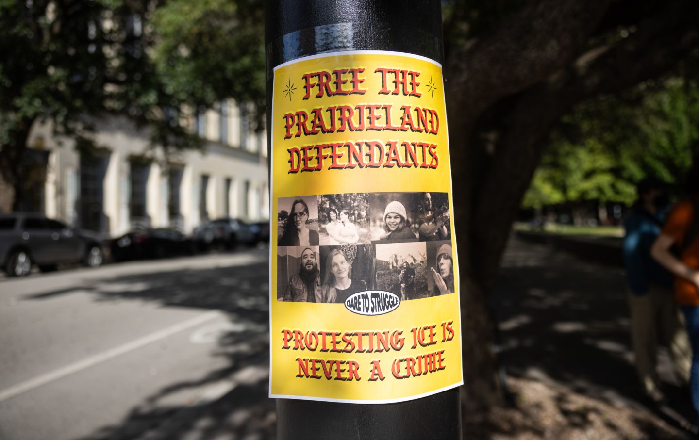 A sign that reads “FREE THE PRAIRIELAND DEFENDANTS” is taped to a post outside of the Eldon B. Mahon US Courthouse in Fort Worth, Texas, Wednesday, July 1, 2026.