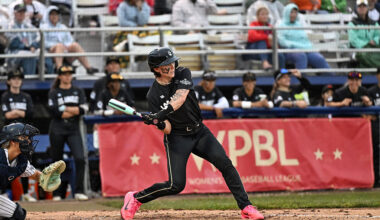 Ashton Lansdell #1 of the Los Angeles Queens bats during the third inning of the Women's Pro Baseball League Opening Day game against the New York Heights at Robin Roberts Field on August 01, 2026 in Springfield, Illinois.