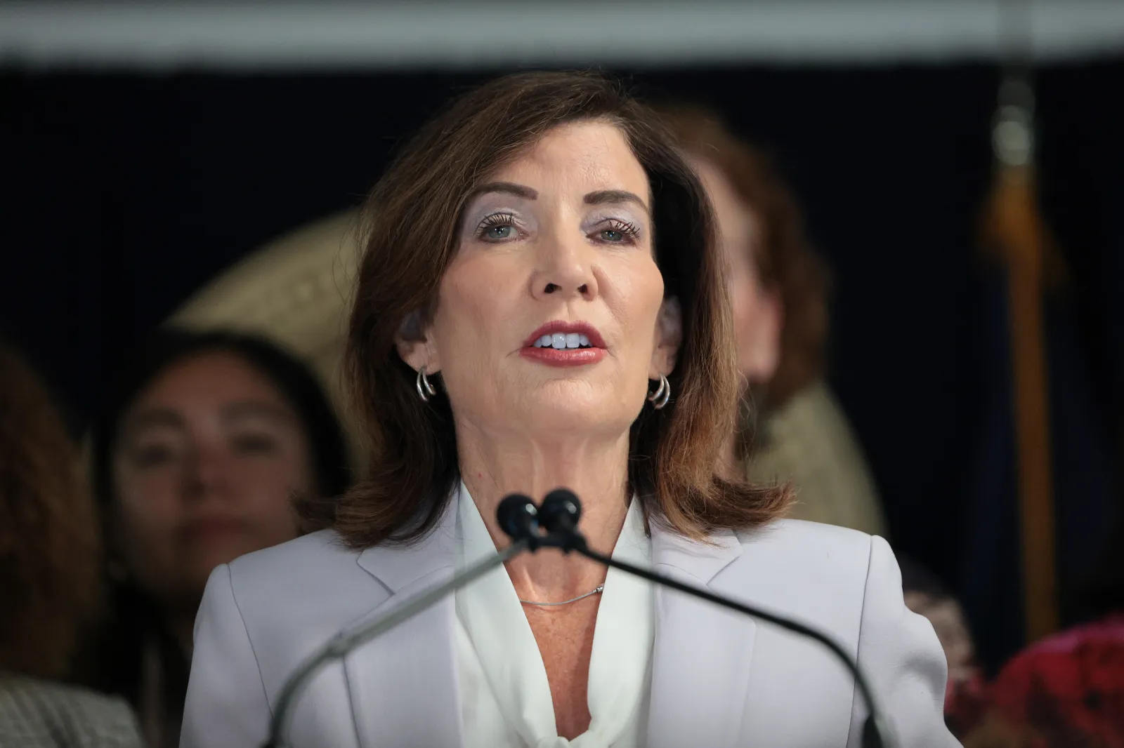 New York Governor Kathy Hochul speaks during a press conference on Immigration and Customs Enforcement (ICE) actions on August 12 in New York City. (Photo by Michael M. Santiago/Getty Images)