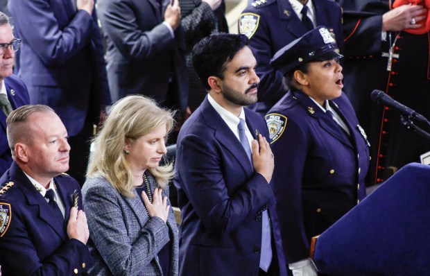 New York City Mayor Zohran Mamdani (2R) and New York City Police Commissioner Jessica Tisch attend an unveiling ceremony for a new 9/11 Memorial Wall at One Police Plaza in New York, on Sept. 9, 2026. (Photo by kena betancur / AFP via Getty Images)