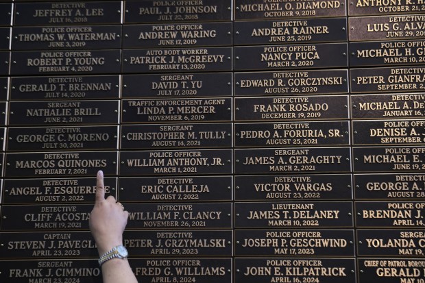The families of first responders view the new 9/11 Memorial Wall at One Police Plaza on Sept. 9, 2026 in New York City. (Photo by Michael M. Santiago/Getty Images)
