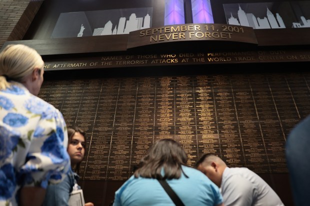 The families of first responders view the new 9/11 Memorial Wall at One Police Plaza on Sept. 9, 2026 in New York City. (Photo by Michael M. Santiago/Getty Images)