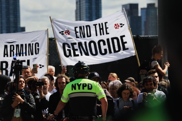 NEW YORK, NEW YORK - SEPTEMBER 24: Protesters against Israeli Prime Minister Benjamin Netanyahu and his war in Gaza block a street next to the United Nations (U.N.) on September 24, 2026, in New York City. Netanyahu is expected to deliver an address at the U.N. today for the annual U.N. General Assembly meeting. Numerous protests against the Israeli leader are planned throughout Manhattan. (Photo by Spencer Platt/Getty Images)