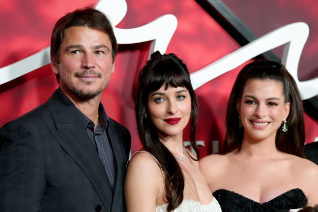 NEW YORK, NEW YORK - SEPTEMBER 29: (L-R) Josh Hartnett, Dakota Johnson and Anne Hathaway attend Amazon MGM Studios' "Verity" New York Premiere at AMC Lincoln Square 13 on September 29, 2026 in New York City. (Photo by Dimitrios Kambouris/Getty Images)