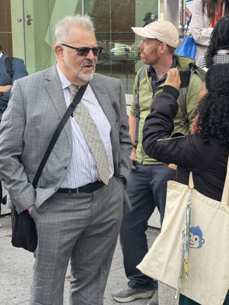 Howard Graubard, representing the plaintiffs, speaks to reporters. Photo: Wayne Daren Schneiderman/Brooklyn Eagle