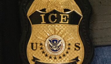 A federal agent wears an Immigration and Customs Enforcement badge in New York, June 10, 2025. (AP Photo/Yuki Iwamura)