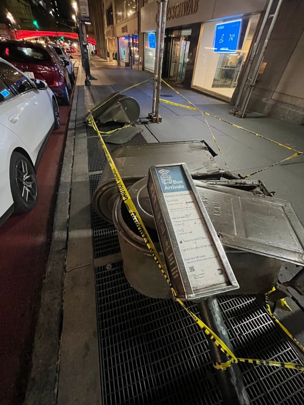Elise Suomi was a passenger in a Tesla when the alleged driver, identified as her friend Alejandron Paharsingh, crashed the electric car into scaffolding and a bus stop pole near the intersection of E. 42nd St. and Madison Ave. in Manhattan early Wednesday, Sept. 9, 2026. (Lincoln Anderson / New York Daily News)