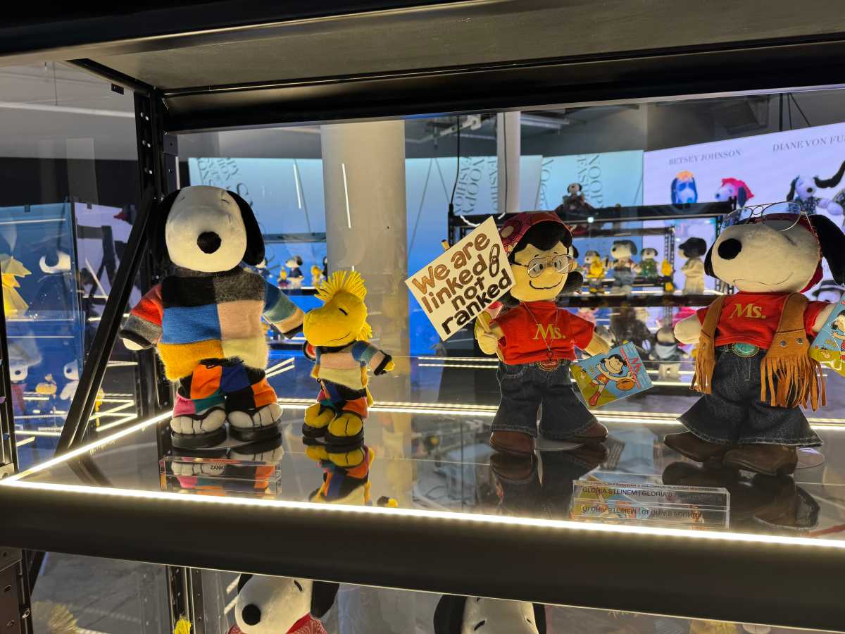 Snoopy and Woodstock on display in various fashion labels.