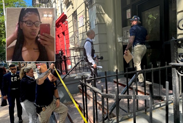 Police investigate Monday at the West 156th St. apartment building where Lovay Williams (inset) was found beaten to death over the weekend. (Rebecca White / New York Daily News; Courtesy of family)