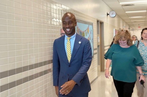 New York City Schools Chancellor Kamar Samuels is pictured at P.S/I.S. 206 in Brooklyn on Thursday, Sept. 10, 2026, the first day back to school. (Cayla Bamberger / New York Daily News)