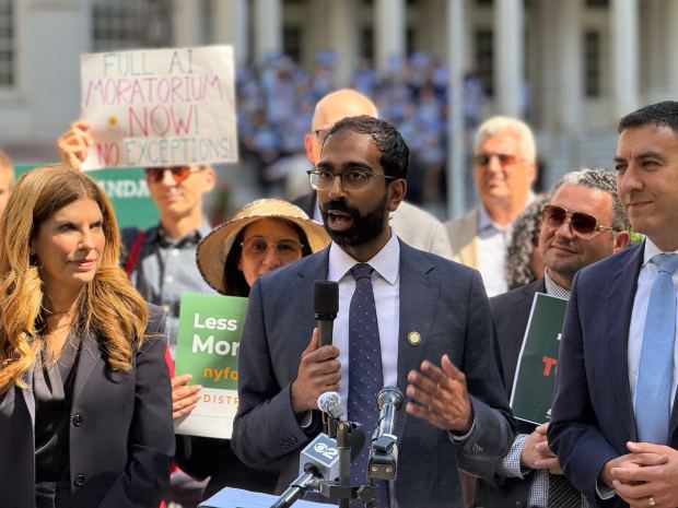 City Council members, including Shekar Krishnan (pictured) and Speaker Julie Menin, rally before an oversight hearing on screen time in New York City public schools on Tuesday, Sept. 15, 2026. (Cayla Bamberger / New York Daily News)
