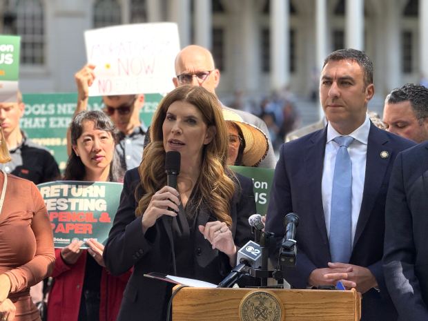City Council members, including Shekar Krishnan and Speaker Julie Menin (pictured), rally before an oversight hearing on screen time in New York City public schools on Tuesday, Sept. 15, 2026. (Cayla Bamberger / New York Daily News)