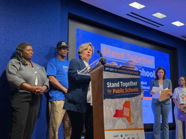 AFT President Randi Weingarten speaks as teachers union reps, elected officials, civil rights groups and education advocates rally at the United Federation of Teachers headquarters Wednesday, Sept. 16, 2026, to urge Gov. Hochul to opt out of a Republican-led federal tax credit scholarship program. (Cayla Bamberger / New York Daily News)
