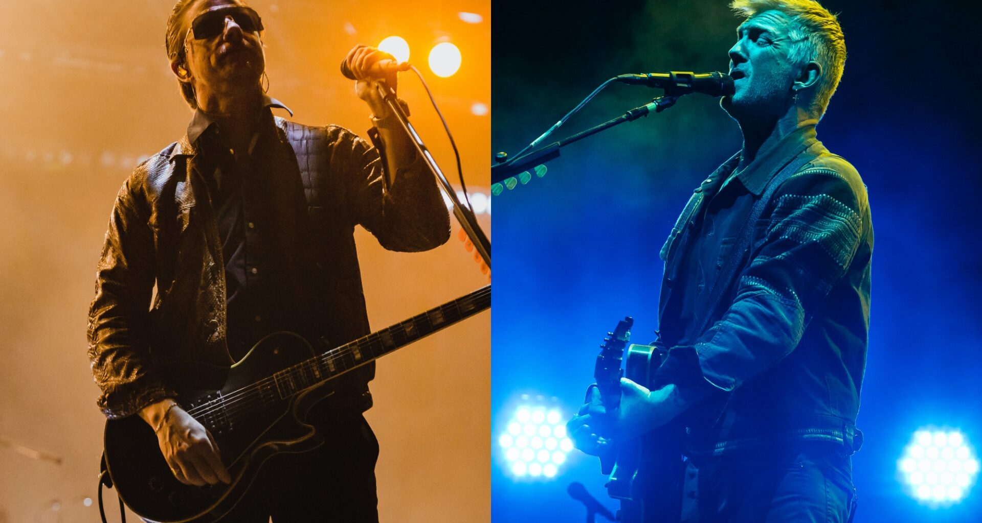 two side by side pictures of Interpol's Paul Banks (left) and Queens Of The Stone Age's Josh Homme (right) performing live on stage