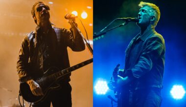 two side by side pictures of Interpol's Paul Banks (left) and Queens Of The Stone Age's Josh Homme (right) performing live on stage