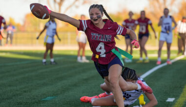 The Classical Academy's Brooklyn Blair (4) stretches for a touchdown during the game between the Titans and the Mountain Lions on Saturday, October 25, 2025 at Trailblazer Stadium in Lakewood, Colorado. Joshua Genz, Special to the Gazette
