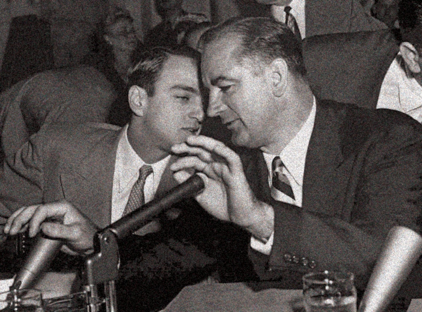 Senator Joseph McCarthy, right, spoke to his chief counsel, Roy Cohn, during a hearing of the Senate Investigations Subcommittee in Washington in April 1954.