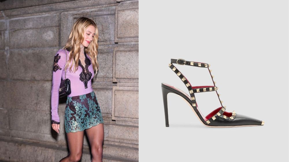 Lili Reinhart, New York, Valentino, Rockstud, leather pumps, studs, gold, lace, bodysuit