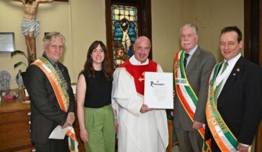 Bronx AOH President  Martin Galvin,Deputy Irish Consul General Roisin Leonard, Fr. Brendan Fitzgerald,  aide to Congressman Richie Torres Joseph McManus and New York State AOH President Thomas Beirne.