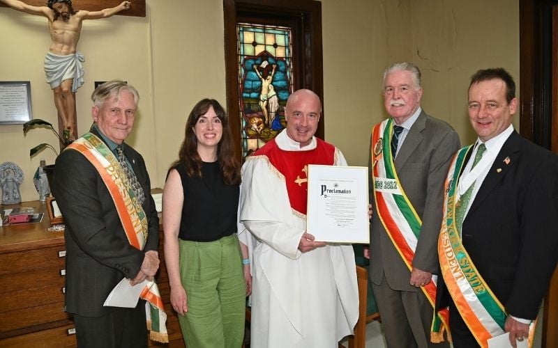 Bronx AOH President  Martin Galvin,Deputy Irish Consul General Roisin Leonard, Fr. Brendan Fitzgerald,  aide to Congressman Richie Torres Joseph McManus and New York State AOH President Thomas Beirne.