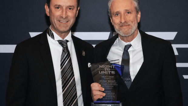 Michael Barasch, managing partner with Barasch & McGarry, who is also a Greenwich resident, has lobbied for 9/11 victims and for more funds for the Victim Compensation Fund. Comedian Jon Stewart, right, joined him in those efforts. (courtesy).
