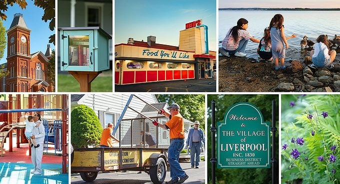 A collage with a clock tower, little library, diner, people by a lake, kids on a playground, men moving a greenhouse, a welcome sign for Liverpool, NY, and purple wildflowers.