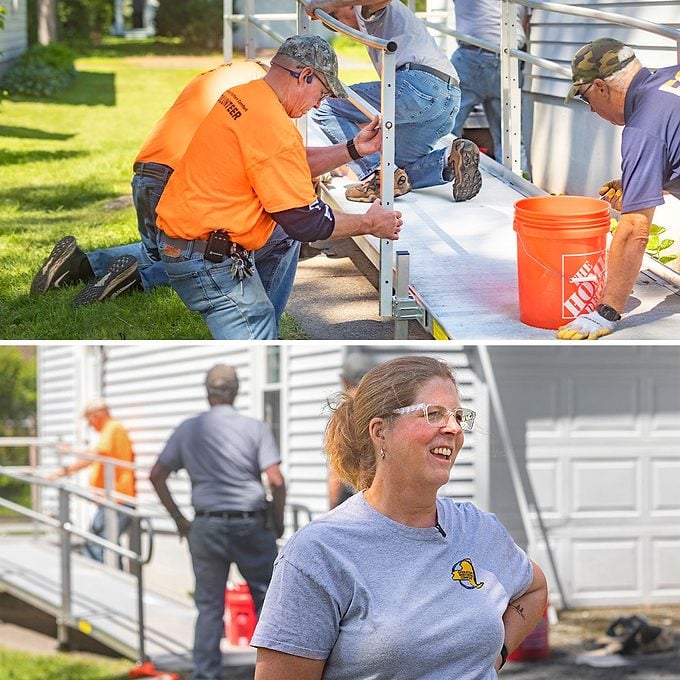 A ramp installation for a neighbor who is losing her sight (top); Operation Northern Comfort CEO Laurel Flanagan (below)