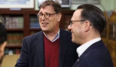Marwan Kreidie (left) chats with Gov. Josh Shapiro at Al-Aqsa Mosque on March 26, 2025, after the governor announced that the Al-Aqsa Islamic Society would receive a $5 million Redevelopment Assistance Capital Program grant for the construction of new classrooms for the Al-Aqsa Academy and to build a new gym and community spaces.