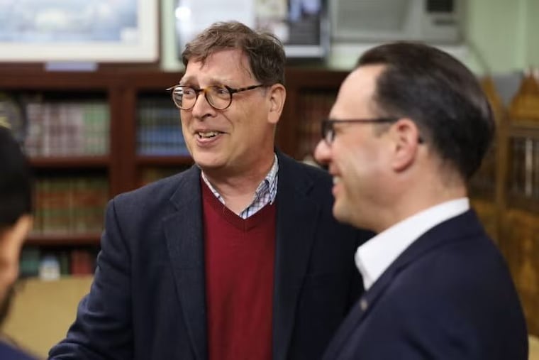 Marwan Kreidie (left) chats with Gov. Josh Shapiro at Al-Aqsa Mosque on March 26, 2025, after the governor announced that the Al-Aqsa Islamic Society would receive a $5 million Redevelopment Assistance Capital Program grant for the construction of new classrooms for the Al-Aqsa Academy and to build a new gym and community spaces.
