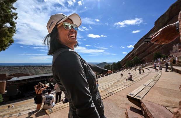 Emmy Agustin, a flight attendant for United Airlines, after running up the amphitheater at Red Rocks in Morrison, CO, on Saturday, September 5, 2026. Three years ago, Agustin was among four flight attendants picked to represent her profession during a 9/11 memorial in Washington, D.C. Red Rocks Park & Amphitheatre is the site of the annual Colorado 9/11 Stair Climb, a charity event honoring heroes and supporting FDNY fundraising efforts. (Photo by Jeff Gritchen, Orange County Register/SCNG)