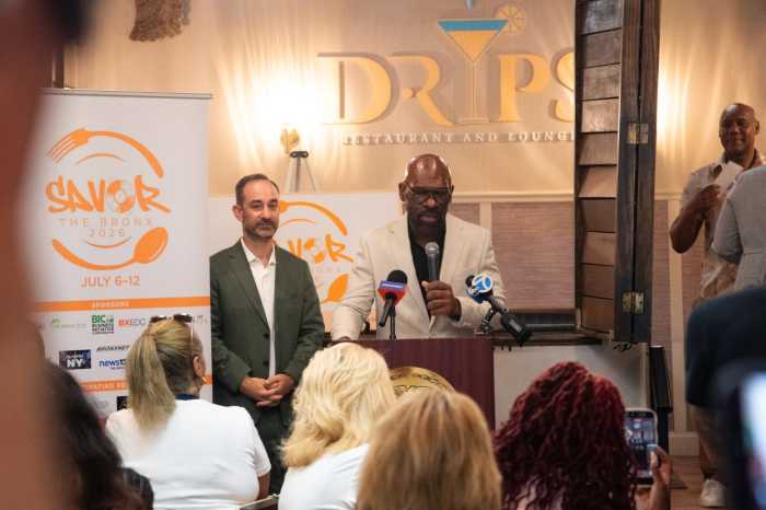 Peters speaks at the Savor the Bronx press conference.