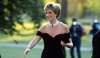 Princess Diana arriving at the Serpentine Gallery, London, in a dress by Christina Stambolian, June 1994.