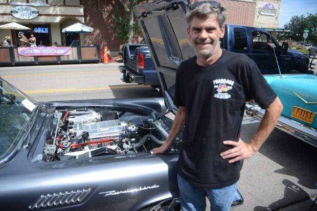 Brian Casey, of Wellington, brought his fully refurbished 1957 Thunderbird to Berthoud's Flapjack Day on Monday. (Will Costello / Loveland Reporter Herald).