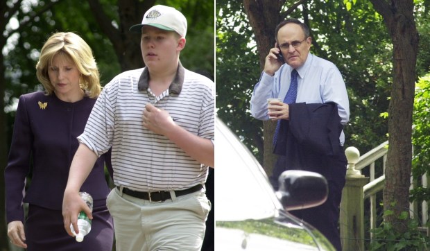 At left, Donna Hanover and her son leave Gracie Mansion followed by Mayor Rudy Giuliani, at right, about ten minutes later on May 20, 2001, amid the couple's divorce case. (Bill Turnbull / New York Daily News)