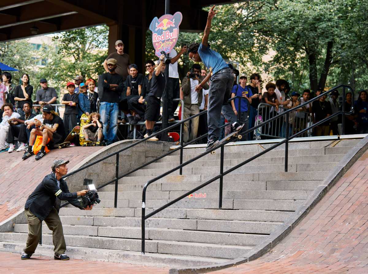 Trevon Wade backside smith grinds the rail at Red Bull Origin in New York, NY on September 19th, 2026. 