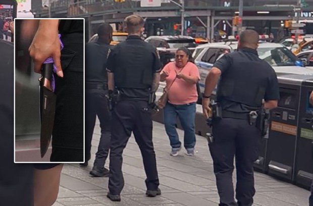 A woman (main, in pink) was shot by NYPD cops after refusing to drop two knives (inset) she was swinging as she approached them in Times Square Monday, Aug. 31, 2026, at Seventh Ave. and W. 43rd St. in Midtown Manhattan. (Courtesy of Jorge Disla; Barry Williams / New York Daily News)