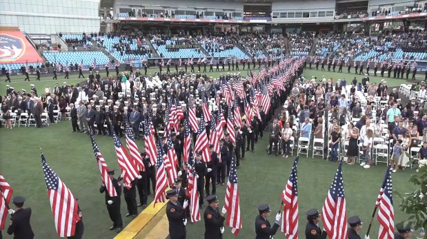 The FDNY holds a memorial service to commemorate the 25th anniversary of 9/11 attacks and honor the 343 FDNY members who died that day, as well as the FDNY members, active and retired who have since died from World Trade Center-related illnesses at Staten Island University Hospital Community Park stadium on Staten Island on Wednesday, Sept. 9, 2026. (FDNY)