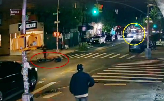 Detwan Hannah (circled in red) died after being run over by an unlicensed, out-of-state Mercedes driver (circled in yellow while passing a bus) after he hit a dip in the pavement while riding a 2017 Kawasaki dirt bike on Malcolm X Blvd. near Macon St. in Bedford-Stuyvesant, Brooklyn, on Tuesday, Sept. 15, 2026. (Obtained by Daily News)