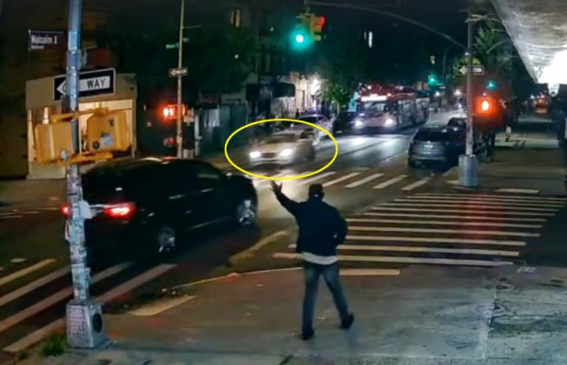 Detwan Hannah died after being run over by an unlicensed, out-of-state Mercedes driver (circled in yellow) after he hit a dip in the pavement while riding a 2017 Kawasaki dirt bike on Malcolm X Blvd. near Macon St. in Bedford-Stuyvesant, Brooklyn, on Tuesday, Sept. 15, 2026. (Obtained by Daily News)
