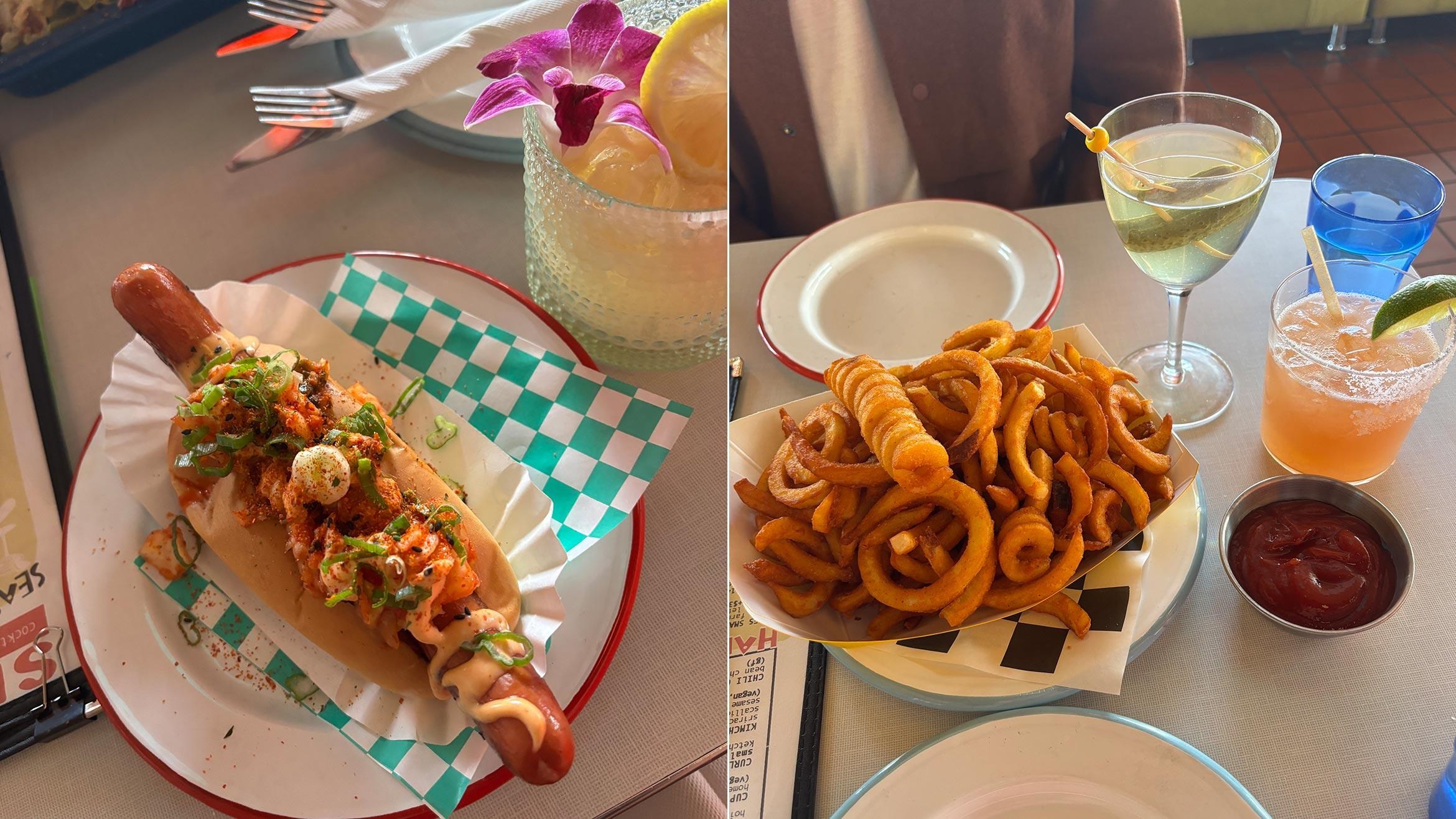 Side-by-side photos of a hot dog topped with kimchi and a plate of curly fries and two cocktails.