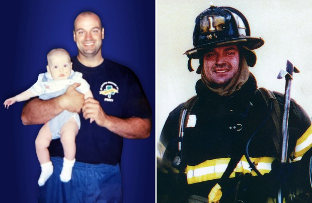 Stephen Siller (as a baby at left), whose firefighter dad (left and right) perished on 9/11 after running two miles through the Brooklyn Battery Tunnel with 60 pounds of gear on his back, has been touring the United State with a 17,000 pound, 21 foot steel beam from the North Tower to help educate the next generation about the tragedy. (T2T Steel Across America; FDNY)