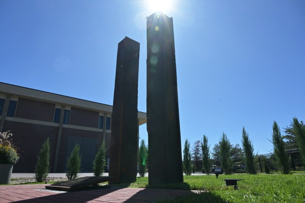 9-foot 11-inch monument made from steel from the wreckage of the World Trade Center stands outside the United Airlines Flight Training Center in Denver on Thursday, Sept. 10, 2026. (Photo by Hyoung Chang/The Denver Post)