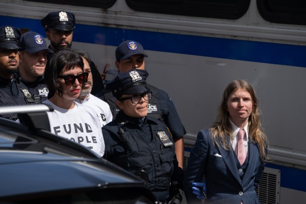 Chelsea Manning (far right) and pro-Palestinian protestors are pictured after being arrested for blocking First Ave. at E. 39th St. in protest of Israeli Prime Minister Benjamin Netanyahu before he speaks at the United Nations Thursday, Sept. 24, 2026 in Manhattan, New York. (Barry Williams/ New York Daily News)